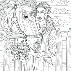 Girl with a horse and a bouquet of flowers.Coloring book antistress for children and adults. Illustration isolated on white background.Zen-tangle style. Hand draw