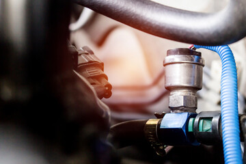 Close up sensor fuel press of car in engine room for check gasoline pressure of engine