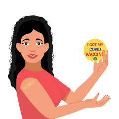 Happy young woman vaccinated against covid-19. For web page and vaccination centre. Vector illustration. - obrazy, fototapety, plakaty