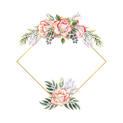 Golden geometric frame with a bouquet of white roses with leaves, decorative twigs and berries. Watercolor illustration for logos, invitations, greeting cards