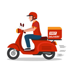 Man riding red scooter delivery isolated on white background. Online restaurant order food service. E-commerce concept. vector illustration flat design. © Yellow duck