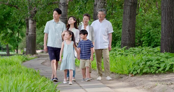 Happy family walking in park,4K
