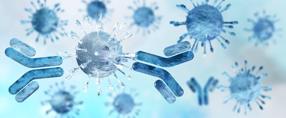 Antibodies and virus close-up, viral infection blood plasma globular proteins