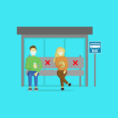 people use masks and sosial distancing for safe travel during the corona virus at the bus stop, travel safely, use a mask to avoid the corona virus.suitable for travel banners, education banners.