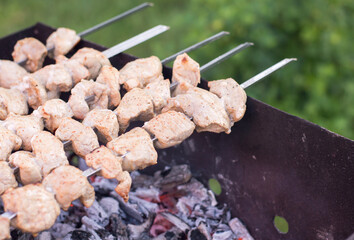 Skewers of meat grilled outdoors, food in nature, close-up of skewers with meat