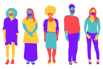 Obraz premium Beautiful trendy women wearing stylish surgical mask. Fashionable protection from virus, flu, pollution. Flat colourful illustrations of stylish women isolated on transparent background. 