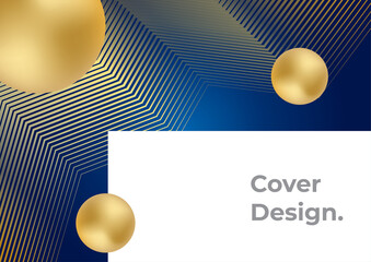 Dark navy blue and gold curve shapes on background with glowing golden striped lines and glitter. Luxury and elegant. Abstract template design. Design for presentation, banner, cover.