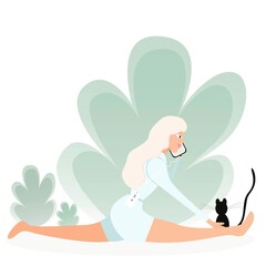 the girl is engaged in stretching in nature. The girl is sitting on the twine and talking on the phone next to her is a black cat, and behind her are green leaves. flat illustration