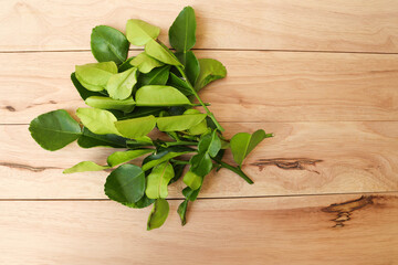 Citrus hystrix green leaves fresh isolated on wooden background closeup.