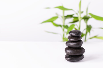 Fototapeta na wymiar Black zen stones in a stack on white background with bamboo..