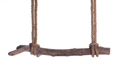 old wood stick hang on rope on isolated white background