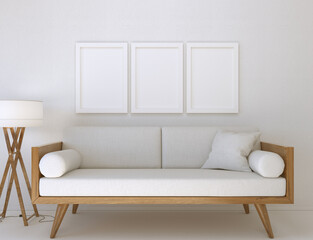 3D Illustration. Mockup of three blank poster frames hanging on the wall.