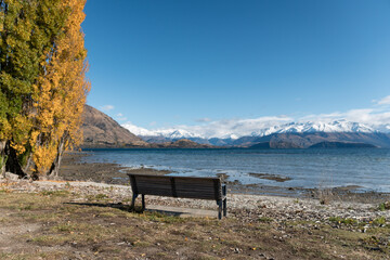 Obraz premium Lake Wanaka bench, New zealand.