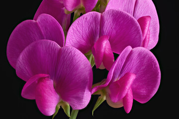 Inflorescence of the decorative dark pink flowers of Sweet pea on black background.