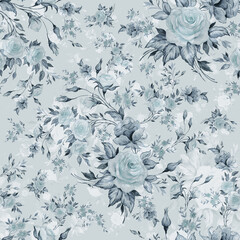  Floral seamless pattern luxury roses drawn on paper with paints. 