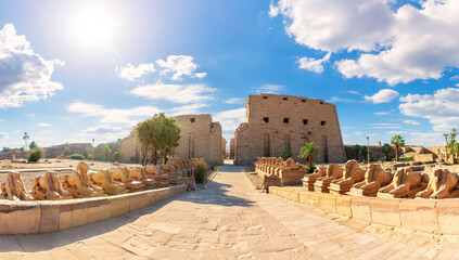 Sphinx Alley in Karnak Temple complex panorama, Luxor, Egypt - obrazy, fototapety, plakaty