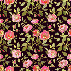 Cute Floral pattern of piink roses flowers. Vintage collection. Template for textile design, cards, wallpapers, gift wrappings.