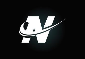 Initial letter N with swoosh, black and white logo template. Modern vector logotype for business and company identity.