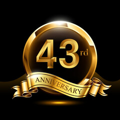 43 years golden anniversary logo celebration with ring and ribbon.