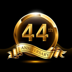 44 years golden anniversary logo celebration with ring and ribbon.