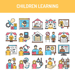 Children learning line icons set. Isolated vector element.