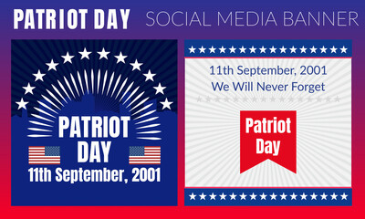 Patriot day typographic emblems set. 9-11 logo, We Will Never Forget. Vector illustration. 11 september. Design for patriot day postcard, flyer, poster, banner or t-shirt.