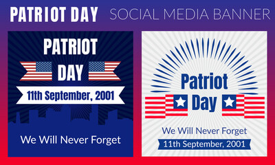 Patriot day typographic emblems set. 9-11 logo, We Will Never Forget. Vector illustration. 11 september. Design for patriot day postcard, flyer, poster, banner or t-shirt.