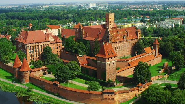 Aerial view of the Teutonic castle in Malbork. Located by the River Nogat, summer day view