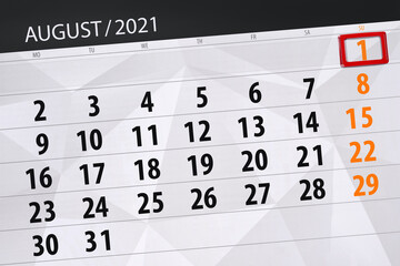 Obraz premium Calendar planner for the month august 2021, deadline day, 1, sunday
