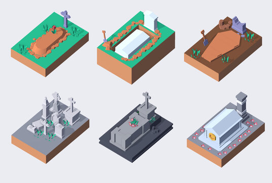 burial  and graveyard isometric 3d render icons include clipping path