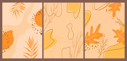 Set of abstract vertical background with autumn elements, shapes and plants in one line style. Background for mobile app page minimalistic style. Vector illustration 