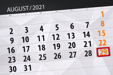 Obraz premium Calendar planner for the month august 2021, deadline day, 29, sunday