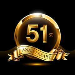 51 years golden anniversary logo celebration with ring and ribbon. - obrazy, fototapety, plakaty