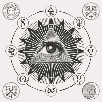 Vector banner with an all-seeing eye of God inside the Sun, Masonic, alchemical and esoteric symbols. Hand-drawn illustration of mascot in the form of a circle with a third eye, magic signs and runes