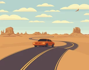 Zelfklevend Fotobehang Vector landscape with a highway and a single passing car in the desert with mountains and clouds in the sky. Colored cartoon illustration with a barren American scenery and an endless winding road © paseven