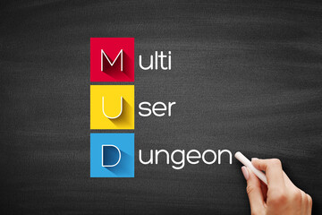 MUD - Multi User Dungeon acronym, technology concept on blackboard