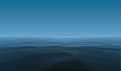 Fototapeta na wymiar flat quiet and deep sea water fading into horizon line and a plain blue gradient sky cloudless