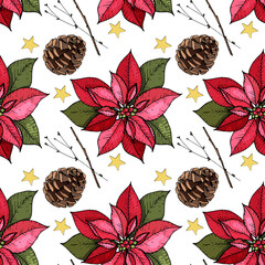 Art & Illustration Seamless pattern on white with poinsettia, branches, star, cone, for textile and paper © Daria