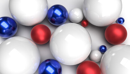 Modern marketing christmas banner with white, blue and red balls laying on the white ground, 3d render visualisation, realistic illustration of christmas spheres