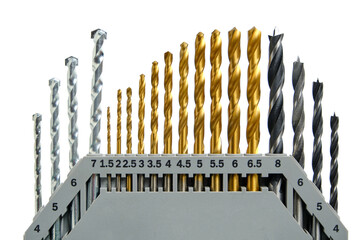 Set drills for metal concrete and wood on a white background.