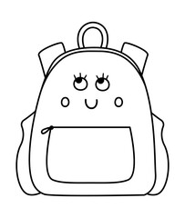 Vector black and white kawaii schoolbag illustration. Outline back to school educational clipart. Cute outline style smiling backpack with eyes. Funny line icon for kids.