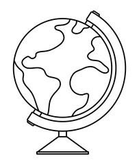 Vector black and white globe on a stand. Outline world sphere map model. Vacation line icon or school infographic element..