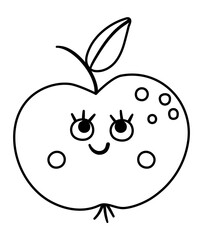 Vector black and white kawaii apple illustration. Contour back to school educational clipart. Cute outline style smiling fruit with eyes. Funny line icon for kids.