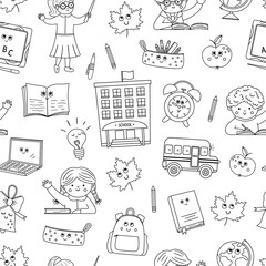 Back to school black and white vector seamless pattern. Educational outline digital paper. Cute line classroom objects background or coloring page with teacher, pupils, kawaii elements..