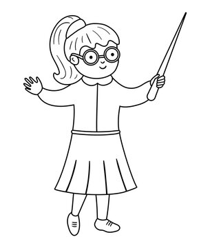 Cute black and white teacher with chalk board pointer. Outline back to school vector smiling professor. Educational character illustration for kids..