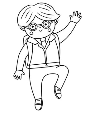 Vector black and white happy boy jumping with joy with hands up. Outline back to school character illustration. Funny pupil in uniform with schoolbag line icon.