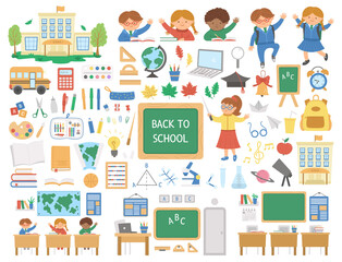 Big back to school vector set of elements. Giant educational clipart collection. Cute flat style classroom objects with supplies, school building, bus, subject icons, pupils, teacher, classroom © Lexi Claus