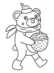 Cute black and white bear carrying basket with berries. Vector outline autumn character isolated on white background. Fall season line woodland animal icon.  Funny forest illustration..