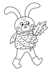 Cute black and white hare bringing carrot to case with harvest. Vector outline autumn character isolated on white background. Fall season line woodland animal icon.  Funny forest illustration..
