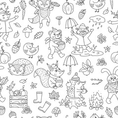 Black and white seamless pattern with vector autumn characters. Cute woodland animals line repeat background. Fall season coloring page.  Funny forest print with hedgehog, fox, bird, deer, rabbit .